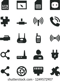 Solid Black Vector Icon Set - Puzzle vector, power socket type f, plug, SIM card, connection, connections, dispatcher, phone call, mobile, router, network, browser, connect, lan connector, wireless
