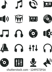 Solid Black Vector Icon Set - bell vector, drum, headphones, music, CD, regulator, volume, no sound, phone call, pc card, note, settings, microphone, loudspeaker