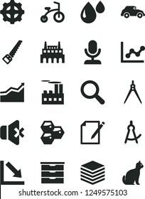 Solid Black Vector Icon Set - magnifier vector, graph, negative chart, storage unit, child bicycle, arm saw, pile, no sound, notes, honeycombs, industrial building, factory, gear, drop, retro car