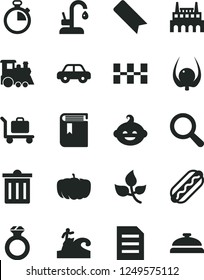 Solid Black Vector Icon Set - Bin Vector, Stopwatch, Bookmark, Magnifier, Book, Motor Vehicle, Funny Hairdo, Children's Train, Ceramic Tiles, Kitchen Faucet, Hot Dog, Physalis, Pumpkin, Leaves, File