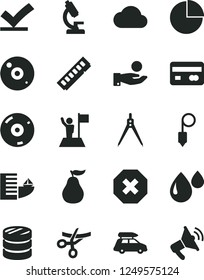 Solid Black Vector Icon Set - mark of injury vector, pie chart, plummet, ripe guava, drop, reverse side a bank card, column coins, catch coin, memory, cd, cloud, microscope, drawing compass, hotel