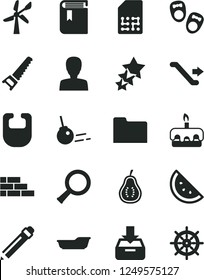 Solid Black Vector Icon Set - graphite pencil vector, woman, book, bib, bath, shoes for little children, brick wall, hand saw, core, put in a box, torte, orange slice, part of guava, wind energy