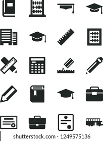 Solid Black Vector Icon Set - briefcase vector, graphite pencil, yardstick, book, new abacus, portfolio, buildings, writing accessories, drawing, square academic hat, engineer calculator, graduate