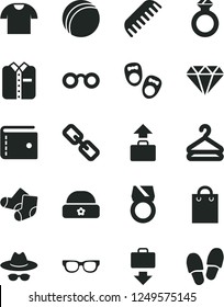 Solid Black Vector Icon Set - purse vector, spectacles, hat with glasses, bath ball, comb, Knitted Socks, shoes for little children, warm, T shirt, folded, hanger, bag, diamond, ring, gold, baggage