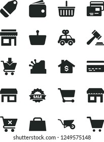 Solid Black Vector Icon Set - grocery basket vector, bank card, hammer of a judge, motor vehicle present, building trolley, put in cart, crossed, cards, label, kiosk, stall, shopping, wallet, sale