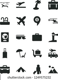 Solid Black Vector Icon Set - suitcase vector, case, coastal lighthouse, helicopter, dollar pin, bus, passenger, rolling, passport, plane, departure, tent, beach, arnchair under umbrella, palm tree