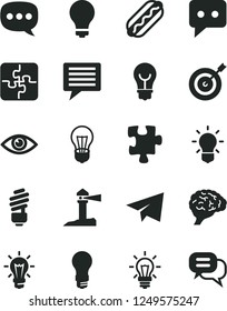 Solid Black Vector Icon Set - image of thought vector, matte light bulb, paper airplane, Puzzle, Puzzles, saving, eye, Hot Dog, coastal lighthouse, think, speech, brain, target, dialog
