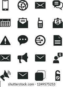 Solid Black Vector Icon Set - warning vector, envelope, scribbled paper, received letter, speech, smartphone, megaphone, copy, wall calendar, mobile phone, network, mail, dialog, money, loudspeaker