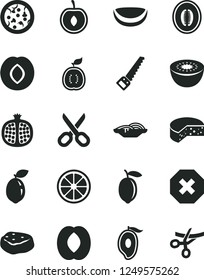 Solid Black Vector Icon Set - scissors vector, mark of injury, arm saw, cheese, pizza, slices onion, piece meat, half pomegranate, plum, mango, peach, melon, cherry, lemon, juicy, kiwi, sour lime