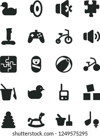 Solid Black Vector Icon Set - loudspeaker vector, rubber duck, baby duckling, bath ball, stacking rings, roly poly doll, toy phone, sand set, children's, rocking horse, cubes for children, tricycle