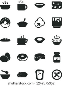 Solid Black Vector Icon Set - deep plate with a spoon vector, coffee, sausage, piece of cheese, eggs, loaf, cake hole, glazed, bowl buckwheat porridge, in saucepan, hot, milk, cup tea, glass, cafe