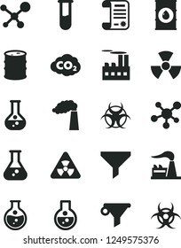 Solid Black Vector Icon Set - round flask vector, manufacture, factory, oil, barrel, industrial building, carbon dyoxide, filter, water, research article, test tube, molecule, nuclear, biohazard