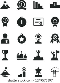 Solid Black Vector Icon Set - positive histogram vector, pedestal, winner podium, cup, gold, star reward, man with medal, flag, motivation, mountain, first place, pennant, ribbon, certificate