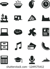 Solid Black Vector Icon Set - Clock Face Vector, Potty Chair, Music, Nightstand, Square Academic Hat, Piece Of Pizza, Porridge In A Saucepan, Plate, Meat, Slice Melon, Mango, Sea Port, Notebook Pc