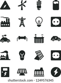 Solid Black Vector Icon Set - incandescent lamp vector, power socket type f, dangers, bulb, charge level, wind energy, factory, battery, hydroelectricity, line, industrial building, saving, resistor