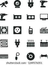 Solid Black Vector Icon Set - camera vector, keyboard, cordless drill, plummet, heating coil, screen, lens, battery, plug, electric, socket, cast iron radiator, mobile phone, fan, gpu card, resistor
