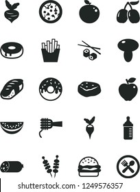 Solid Black Vector Icon Set - measuring bottle for feeding vector, sausage, fried vegetables on sticks, pizza, burger, noodles, mushroom, cake with a hole, glazed, piece of meat, French fries, sushi