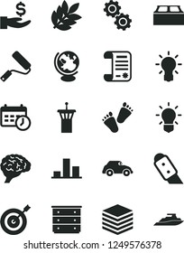 Solid Black Vector Icon Set - chest of drawers vector, children's tracks, new roller, building block, knife, pile, retro car, chart, get a wage, research article, schedule clock, bulb, brain, gears