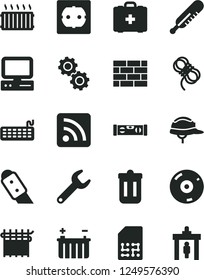 Solid Black Vector Icon Set - rss feed vector, mercury thermometer, medical bag, brickwork, power socket type f, building level, helmet, hawser, knife, battery, cloth industry, SIM, repair key, cd