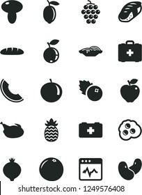 Solid Black Vector Icon Set - bag of a paramedic vector, medical, cardiogram, loaf, slices onion, mushroom, chicken, sushi, omelette, blueberries, large grape, red apple, medlar, blueberry, lemon