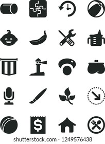 Solid Black Vector Icon Set - tassel vector, desktop microphone, measuring cup for feeding, bath ball, baby, funny hairdo, Puzzles, small tools, right bottom arrow, banana, mashroom, leaves, pipe