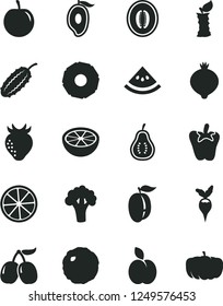 Solid Black Vector Icon Set - cabbage vector, peper, apple, strawberry, medlar, tasty cornels, half of mango, melon, ripe plum, slice lemon, pineapple, grapefruit, part guava, water, stub, broccoli