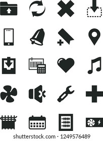 Solid Black Vector Icon Set - add bookmark vector, renewal, plus, cross, download archive data, upload folder, new abacus, calculation, bell, heart, music, smartphone, no sound, move down, fan screw