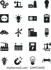 Solid Black Vector Icon Set - dangers vector, charging battery, oil derrick, working, modern gas station, wind energy, bulb, light, power socket, industrial building, thermal plant, mercury, gears