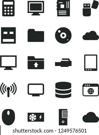 Solid Black Vector Icon Set - monitor vector, window, folder, upload, calculator, tablet pc, mouse, power supply, tower, motherboard, usb, cd, flash, browser, lan connector, wireless, big data