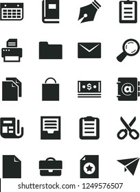 Solid Black Vector Icon Set - scissors vector, paper bag, clean sheet of, archive, envelope, address book, magnifier, portfolio, cash, wall calendar, morning, printer, folder, clipboard, ink pen