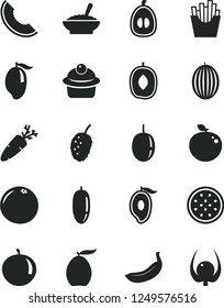 Solid Black Vector Icon Set - muffin vector, a bowl of buckwheat porridge, carrot, French fries, tasty mulberry, melon, slice, mango, half, loquat, delicious plum, date fruit, tangerine, passion
