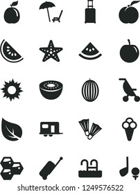 Solid Black Vector Icon Set - summer stroller vector, cone, honeycombs, ripe peach, melon, slice of water, tasty plum, kiwi, guava, leaf, camper, rolling suitcase, case, arnchair under umbrella, sun