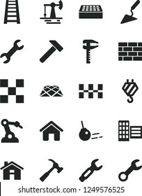 Solid Black Vector Icon Set - house vector, brickwork, hook, building trowel, stepladder, city block, tile, ceramic tiles, brick, pavement, hammer, with claw, core, working oil derrick, robot welder