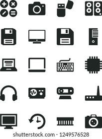 Solid Black Vector Icon Set - floppy disk vector, laptop, monitor window, camera, keyboard, screen, math actions, notebook pc, radiator fan, tower, cpu, web, router, usb flash, headphones, speaker