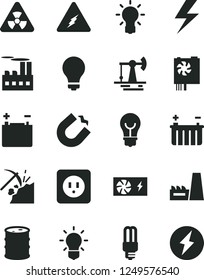 Solid Black Vector Icon Set - lightning vector, matte light bulb, power socket type b, working oil derrick, coal mining, barrel, accumulator, battery, industrial building, thermal plant, mercury