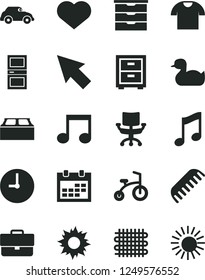 Solid Black Vector Icon Set - heart symbol vector, calendar, briefcase, bedside table, storage unit, rubber duck, comb, child bicycle, interroom door, building block, wall clock, music, T shirt, sun