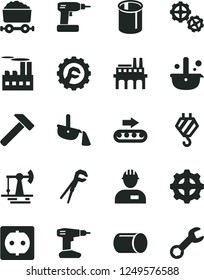 Solid Black Vector Icon Set - workman vector, hook, gears, adjustable wrench, cordless drill, star gear, hammer, working oil derrick, power socket, industrial building, enterprise, pipe, pipes