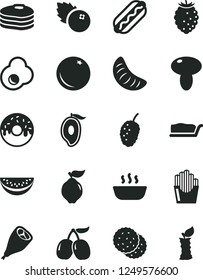 Solid Black Vector Icon Set - Hot Dog vector, mushroom, cake slice, glazed with a hole, porridge, grill chicken leg, fried potato slices, egg, blueberries, biscuit, pancakes, orange, quince, cornels