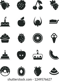 Solid Black Vector Icon Set - cake vector, birthday, muffin, slice, torte, glazed with a hole, cone, strawberries, cherry, grape, branch of, apricot, tasty apple, strawberry, raspberry, melon, water