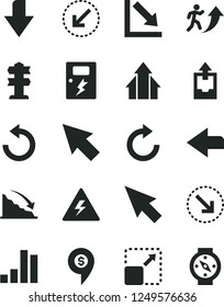 Solid Black Vector Icon Set - danger of electricity vector, downward direction, left, clockwise, counterclockwise, negative chart, upload archive data, dangers, bottom arrow, expand picture, right