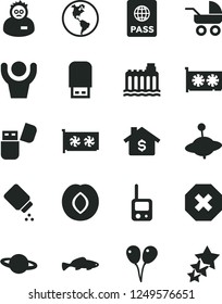 Solid Black Vector Icon Set - mark of injury vector, baby powder, carriage, toy phone, yule, colored air balloons, passport, planet, small fish, plum, Earth, hydroelectricity, gpu card, usb flash
