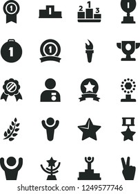 Solid Black Vector Icon Set - star vector, pedestal, flame torch, winner, laurel branch, podium, prize, award, cup, man with medal, first place, pennant, ribbon, hero, hands up, victory hand