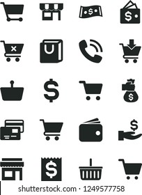 Solid Black Vector Icon Set - grocery basket vector, cart, put in, crossed, bag with handles, cards, kiosk, shopping, denomination of the dollar, financial item, get a wage, wallet, phone call