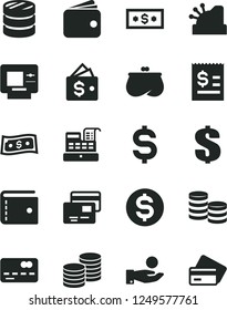 Solid Black Vector Icon Set - purse vector, dollar, cards, coins, front of the bank card, column, denomination, article on, catch a coin, wallet, cash machine, cashbox, atm, credit