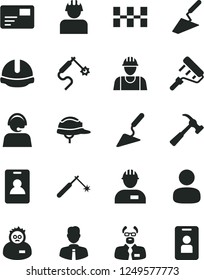 Solid Black Vector Icon Set - builder vector, workman, trowel, building, paint roller, ceramic tiles, construction helmet, hammer with claw, employee, pass card, welding, gas, man, operator, access