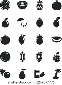 Solid Black Vector Icon Set - blueberries vector, orange, pomegranate, mango, half of, sweet date fruit, kiwi, passion, tamarillo, sour lime, guava, guawa, piece coconut, ripe pineapple, persimmon