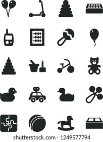 Solid Black Vector Icon Set - new abacus vector, beanbag, baby rattle, rubber duck, duckling, bath ball, stacking rings, toy, motor vehicle present, mobile phone, sand set, teddy bear, balloon
