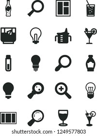 Solid Black Vector Icon Set - matte light bulb vector, incandescent lamp, zoom, measuring cup for feeding, window, frame, a glass of soda, tea, cocktail, bottle, magnifying, magnifier, test tube