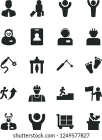 Solid Black Vector Icon Set - cargo trolley vector, footprints, builder, employee, operator, welding, gas, scientist, winner, man arrow up, carrer stairway, hands, hold flag, identity card