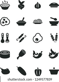 Solid Black Vector Icon Set - deep plate with a spoon vector, plastic fork spoons, canned goods, fried vegetables on sticks, onion, pie, bowl of buckwheat porridge, in saucepan, chicken, thigh, egg